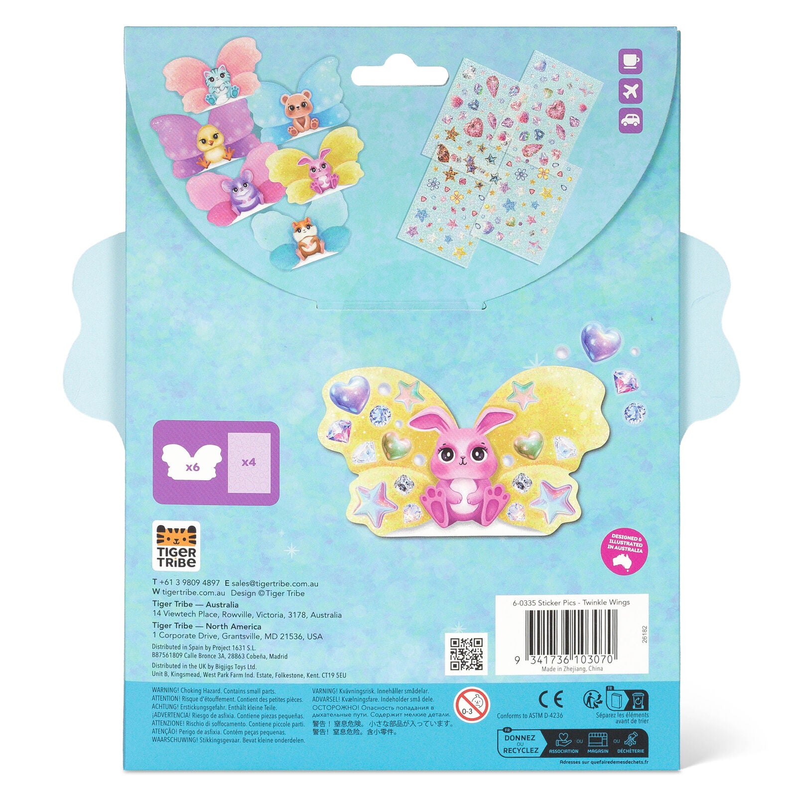 Tiger Tribe Sticker Pics Twinkle Wings sticker kit in retail packaging, featuring a pastel blue and pink cat character on a butterfly-shaped wing design with colorful gem and star stickers.