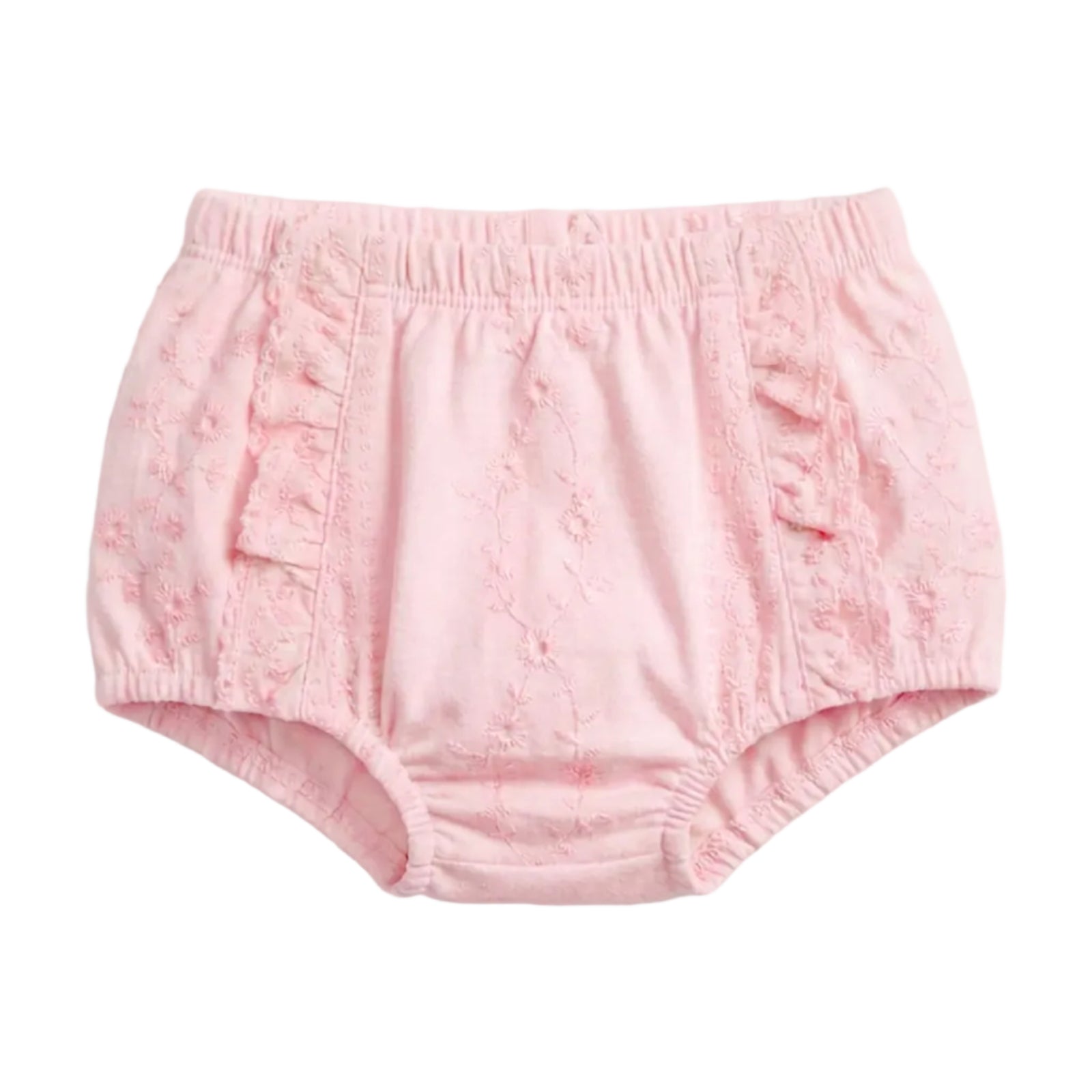A pair of light pink toddler bloomers with a textured, embroidered fabric and ruffle details on the sides, shown against a plain light gray background.