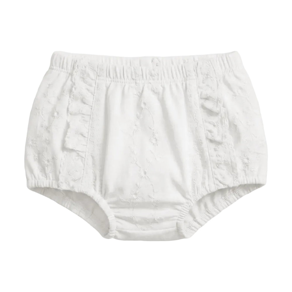 White baby bloomers with a textured embroidered pattern, elastic waistband, and ruffle details on the sides, shown against a plain light gray background.