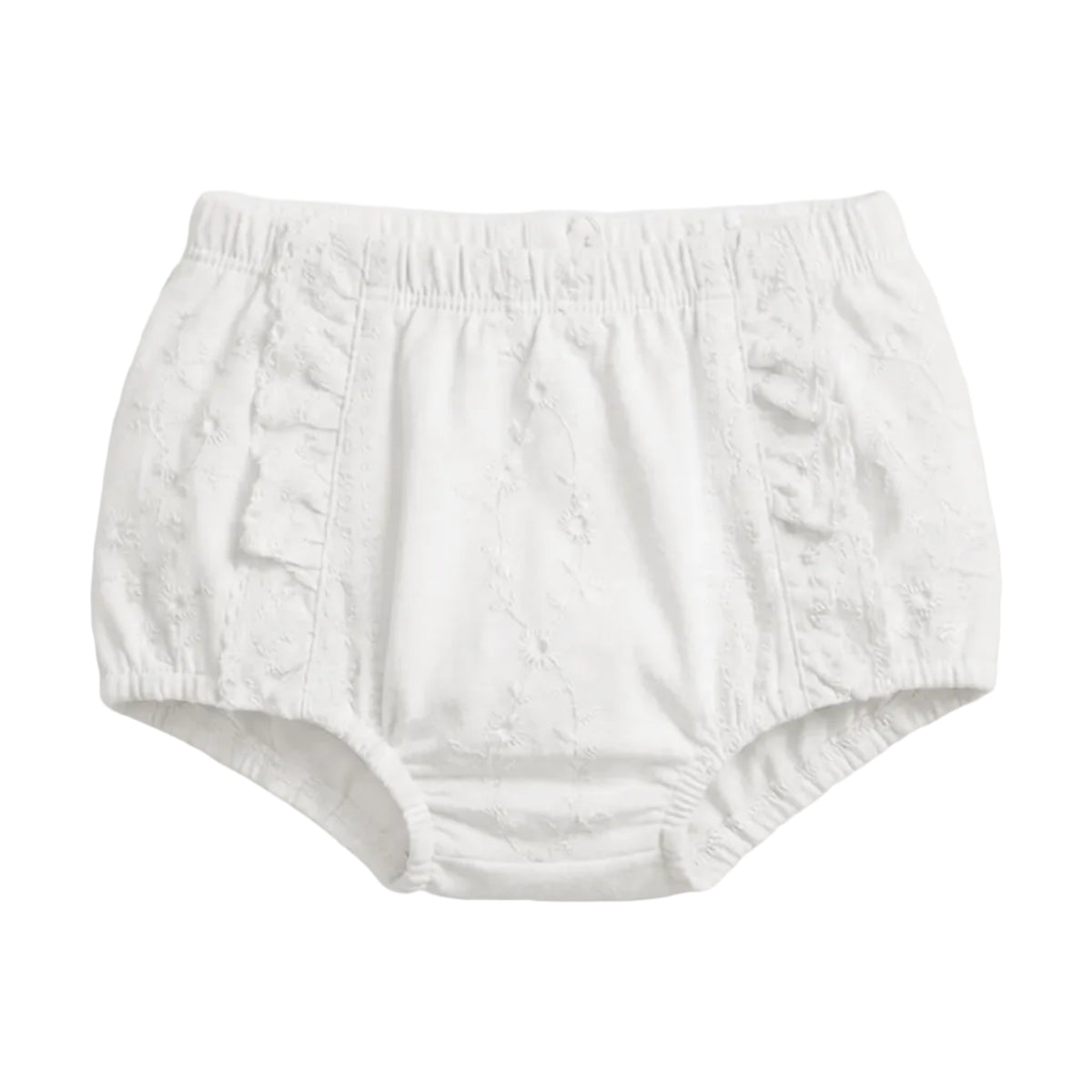 White baby bloomers with a textured embroidered pattern, elastic waistband, and ruffle details on the sides, shown against a plain light gray background.