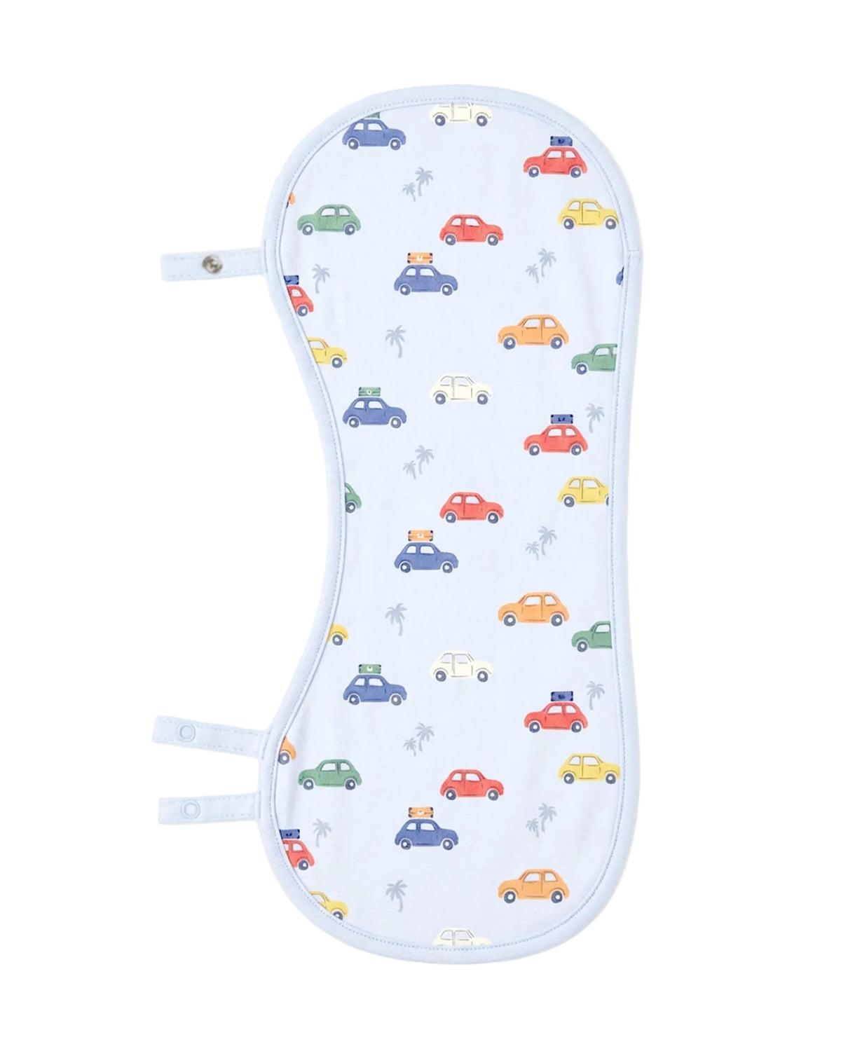 A baby burp cloth that turns into a bib with a white background and a colorful pattern of cartoon cars and palm trees, featuring light blue trim and snap closures on the sides.