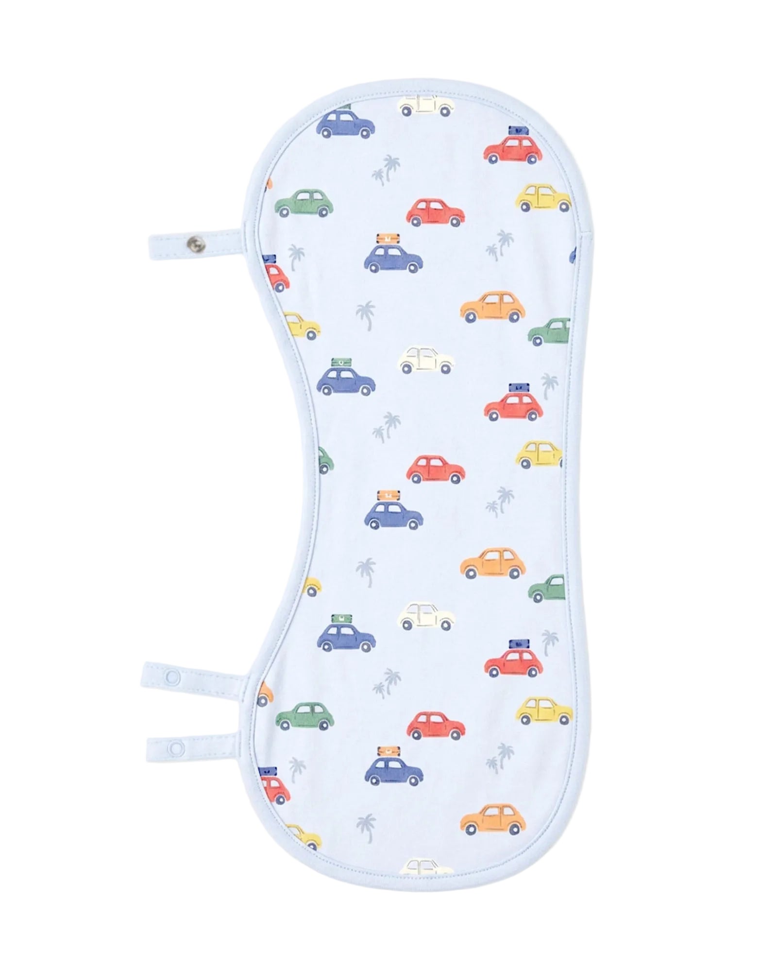 A baby burp cloth that turns into a bib with a white background and a colorful pattern of cartoon cars and palm trees, featuring light blue trim and snap closures on the sides.