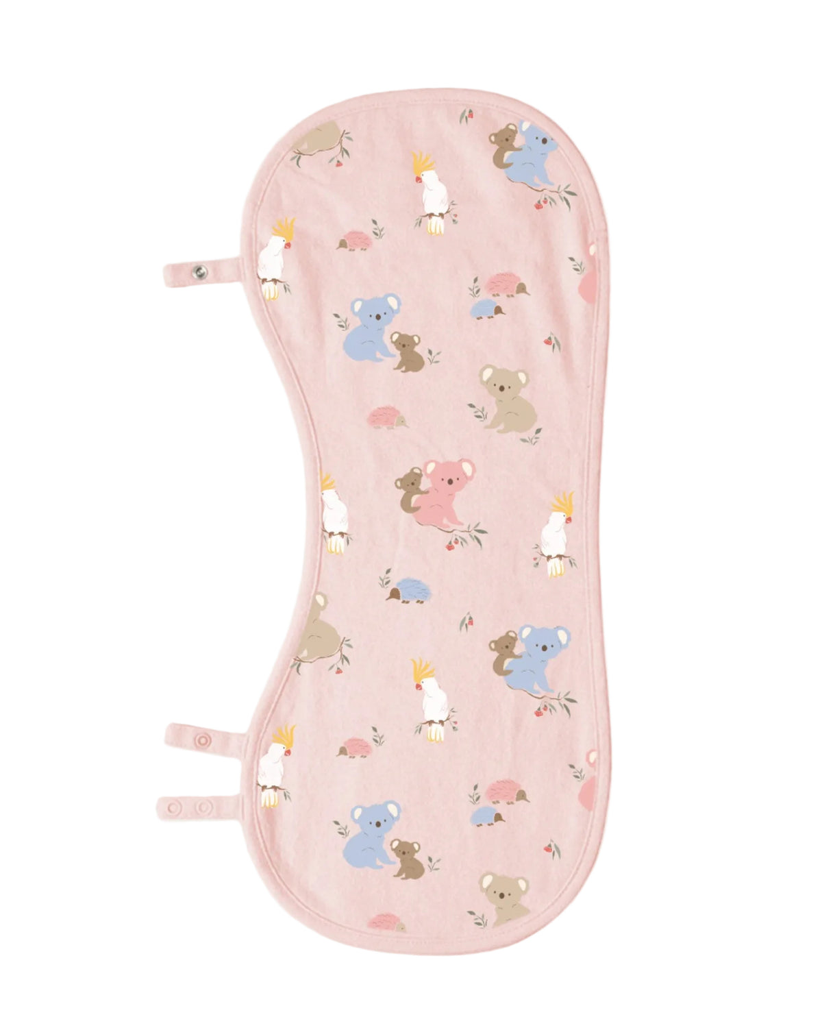 A pink baby burp cloth and bib featuring a cute pattern of cartoon koalas, kangaroo bears, and white birds with yellow crowns, shown on a light gray background.