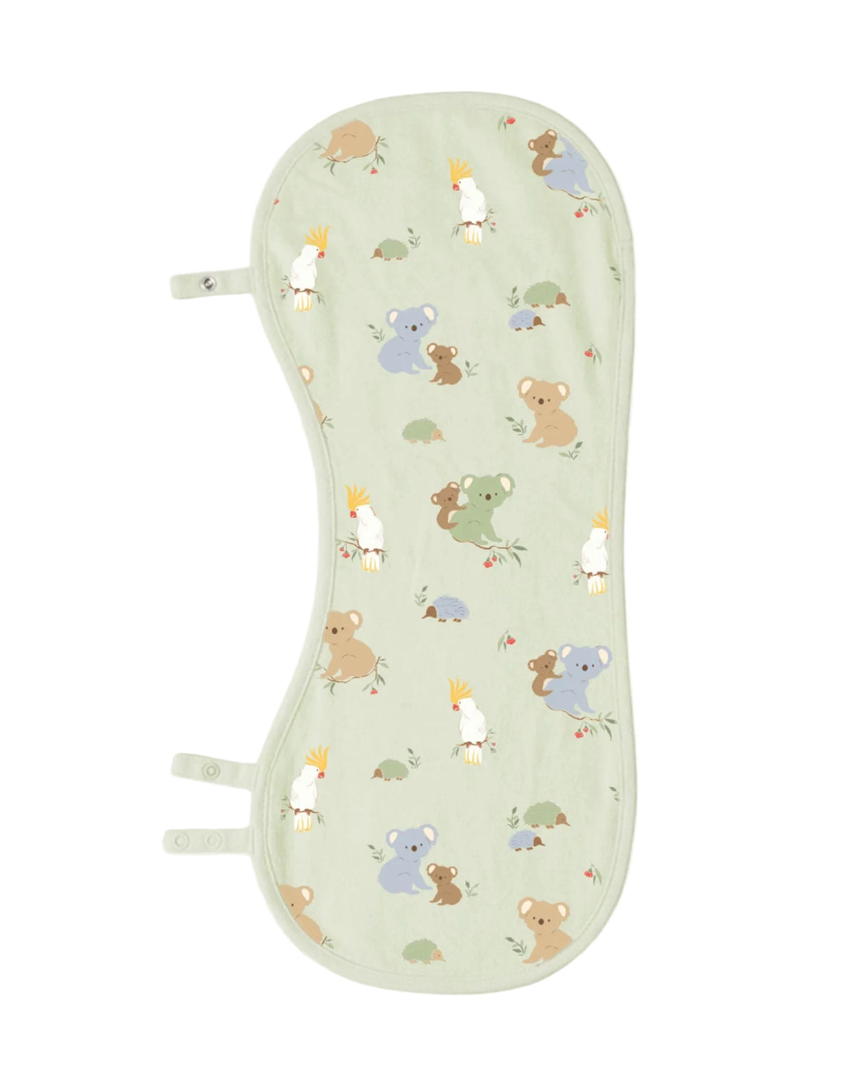 A light sage green burp cloth which converts into a bib featuring a cute cartoon koala and cockatoo print, shown flat against a light gray background.