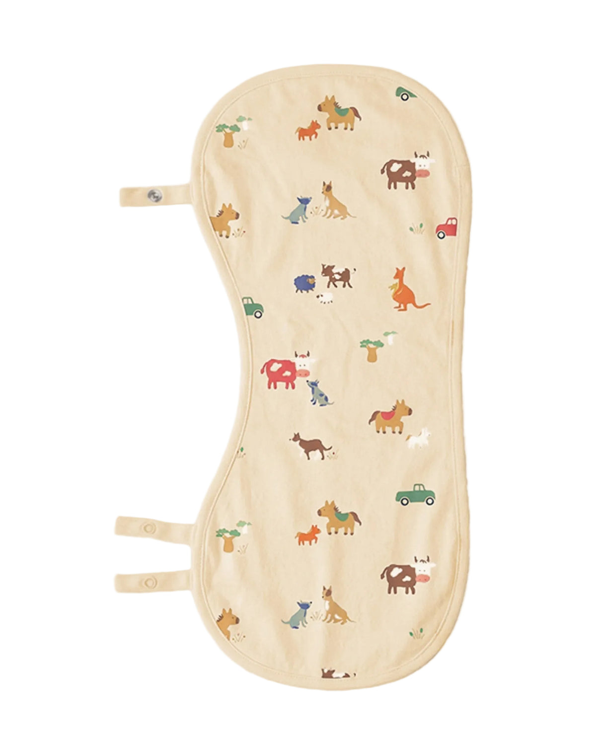 A beige baby burp cloth that converts to a bibfeaturing a playful all-over print of cartoon animals including cows, dogs, horses, kangaroos, and cars, shown against a light gray background.