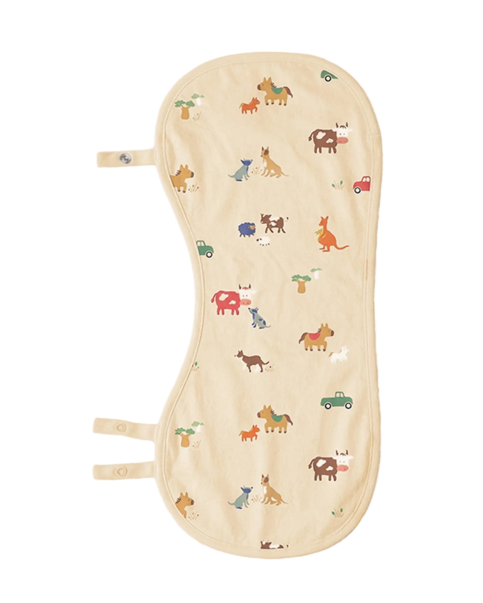 A beige baby burp cloth that converts to a bibfeaturing a playful all-over print of cartoon animals including cows, dogs, horses, kangaroos, and cars, shown against a light gray background.