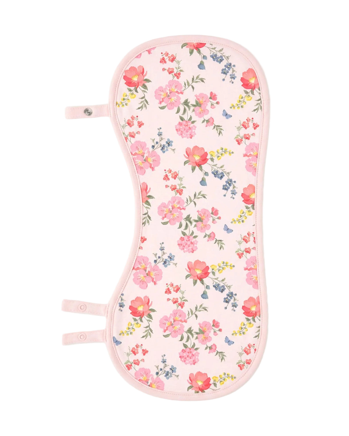 A baby feeding or nursing pad with a light pink background and a colorful floral print featuring pink, red, blue, and yellow flowers with green leaves. It has a light pink stitched border and two adjustable tabs on the left side. This burp cloth turns into a toddler bib
