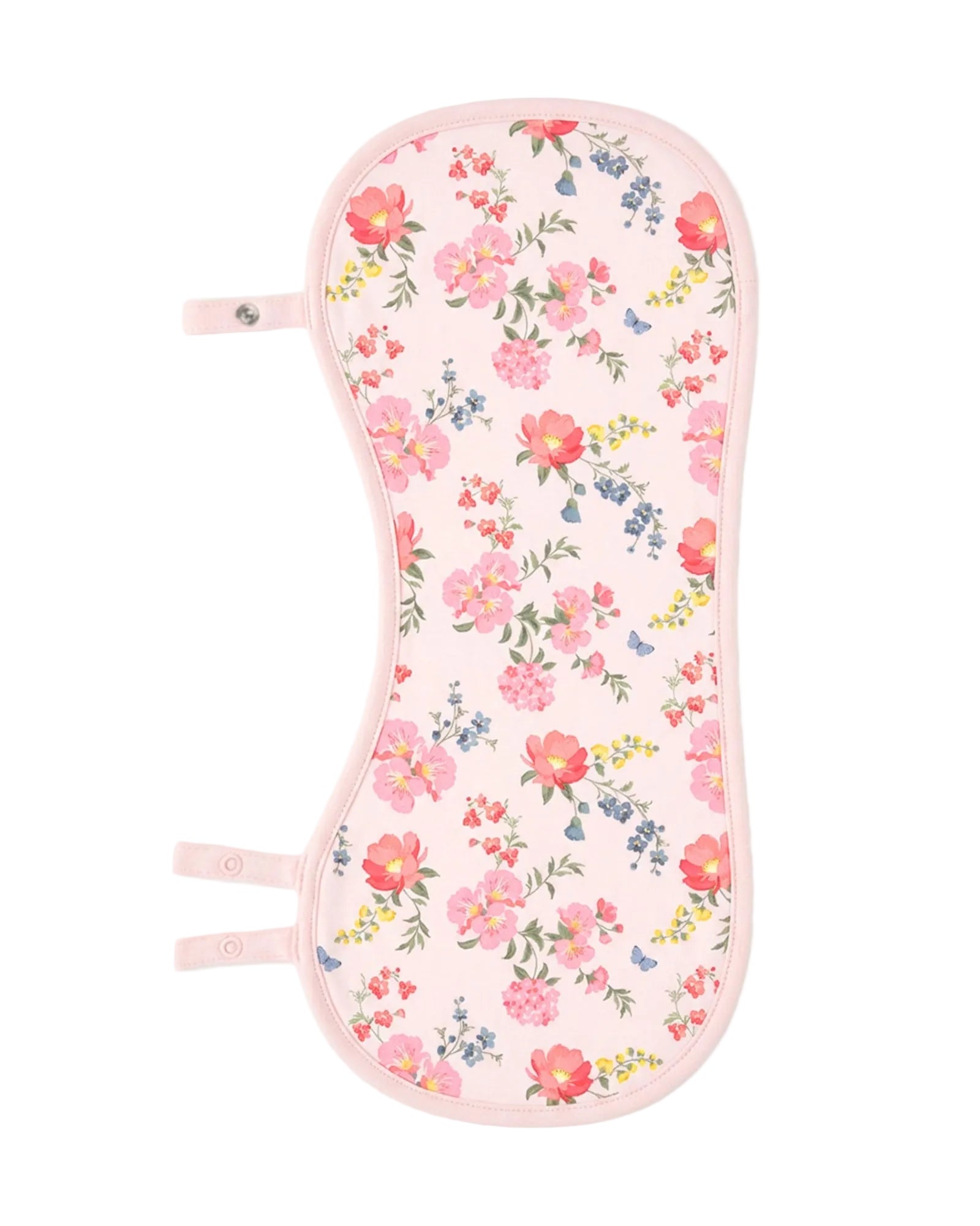A baby feeding or nursing pad with a light pink background and a colorful floral print featuring pink, red, blue, and yellow flowers with green leaves. It has a light pink stitched border and two adjustable tabs on the left side. This burp cloth turns into a toddler bib