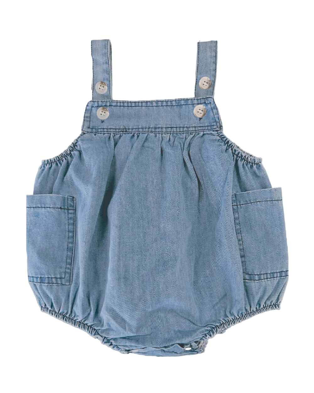 A light blue denim baby bubble romper with adjustable shoulder straps and silver snap buttons, shown against a plain light gray background.