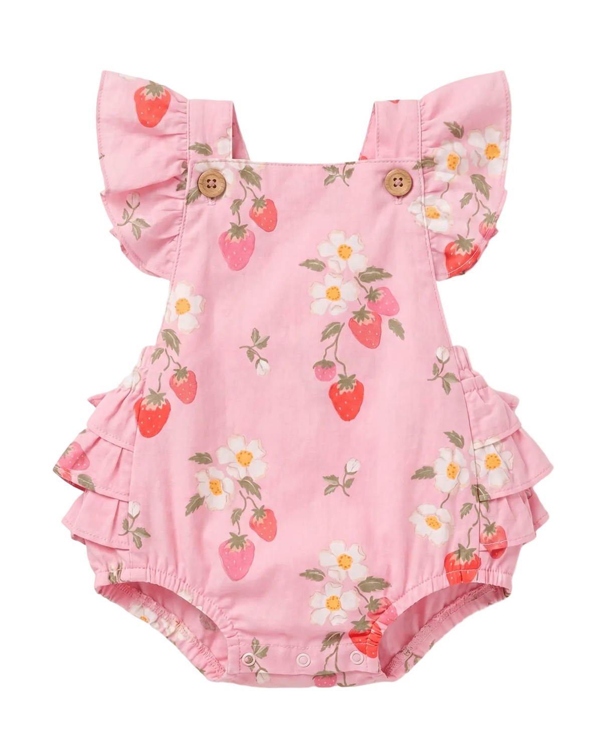 A pink baby romper with a strawberry and daisy floral print, featuring ruffled shoulder straps and ruffled leg hems, shown against a light gray background.