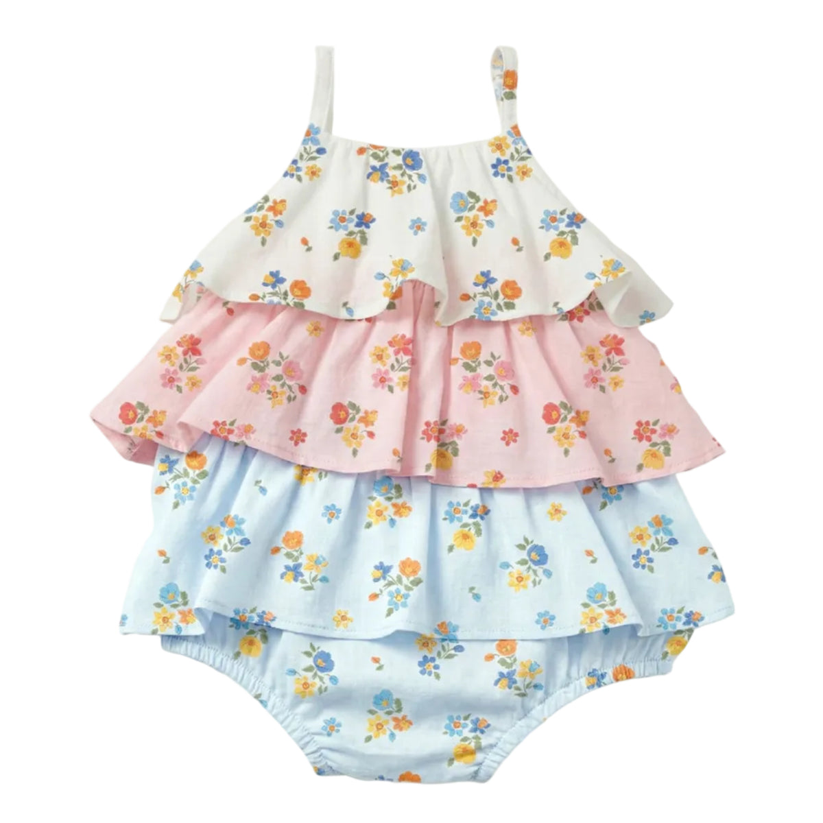 A three-tier baby romper with a colorful floral print, featuring ruffled layers in white, pink, and light blue, with thin shoulder straps, shown against a solid light gray background.