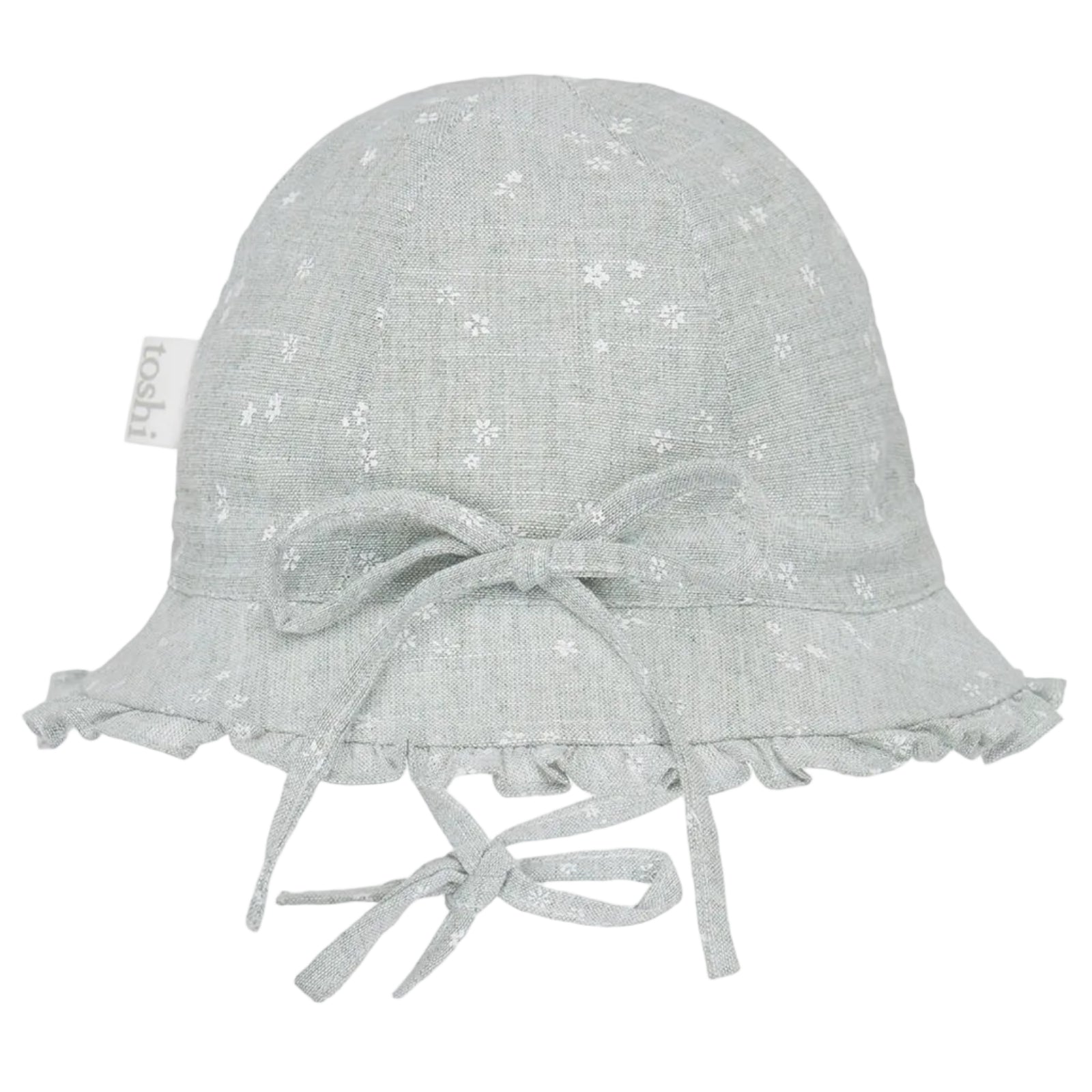 Light gray baby bonnet with floral pattern and bow on a white background