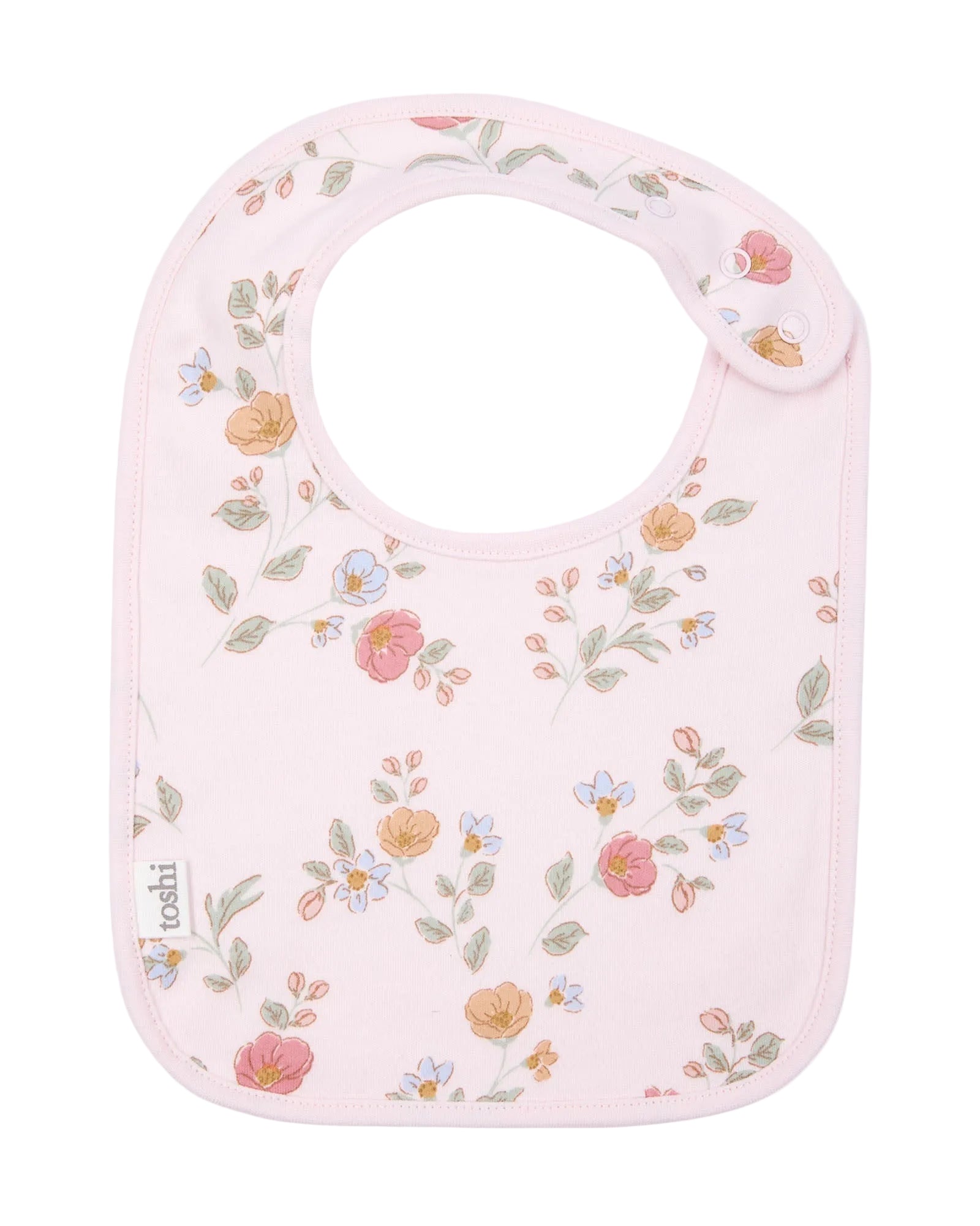 Floral-patterned baby bib on a white background
