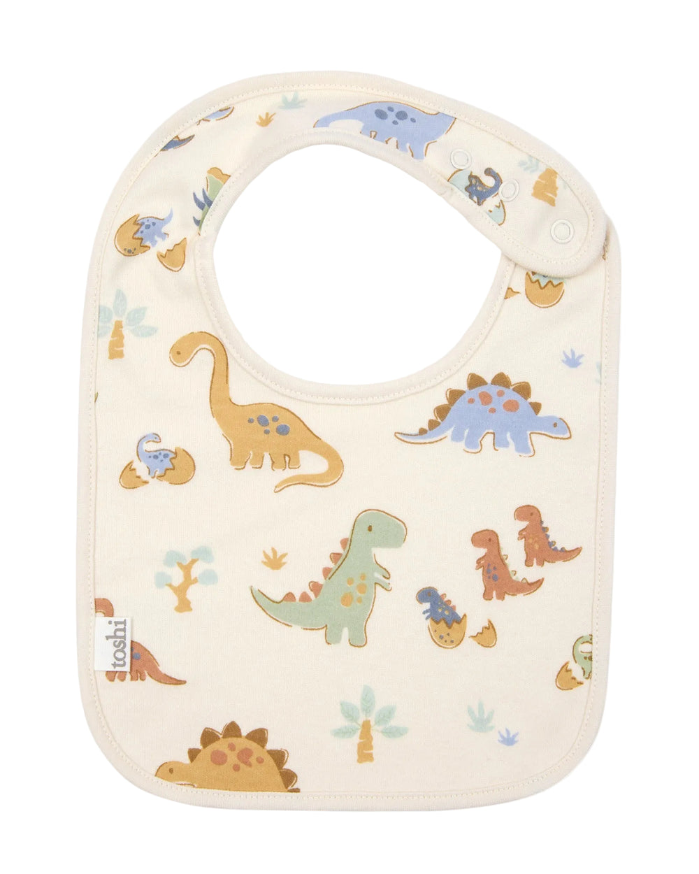 Baby bib with dinosaur pattern on a white background