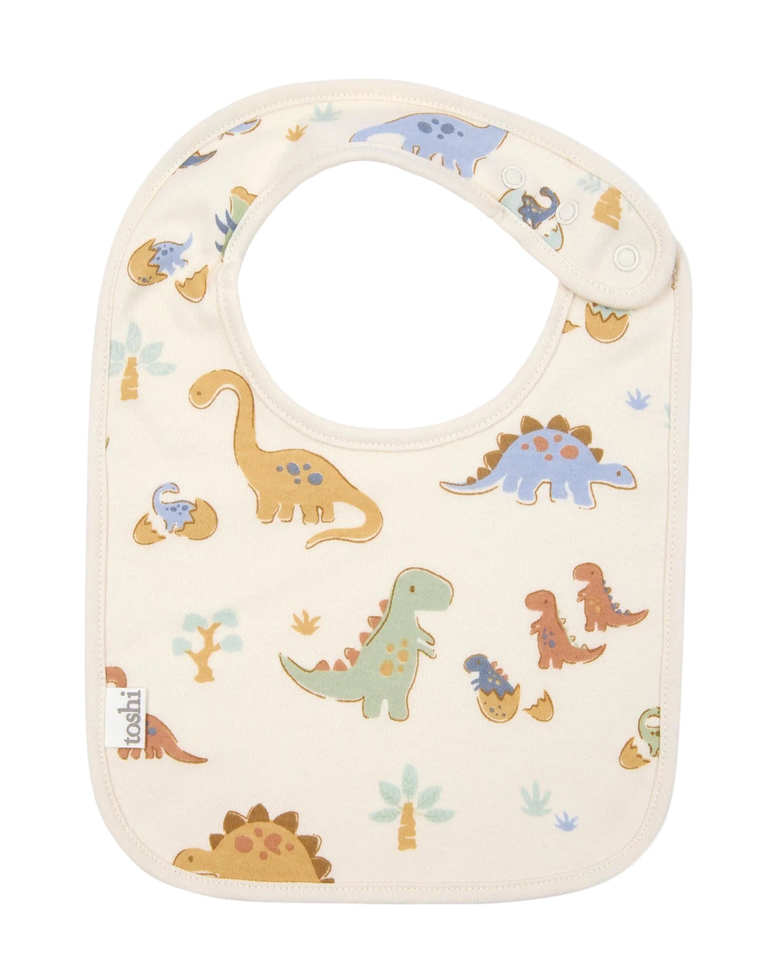 Baby bib with dinosaur pattern on a white background