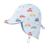 A light blue sun hat for kids with an allover pattern of colorful cars and palm trees, featuring a chin strap and a small 'loohi' brand tag on the side.