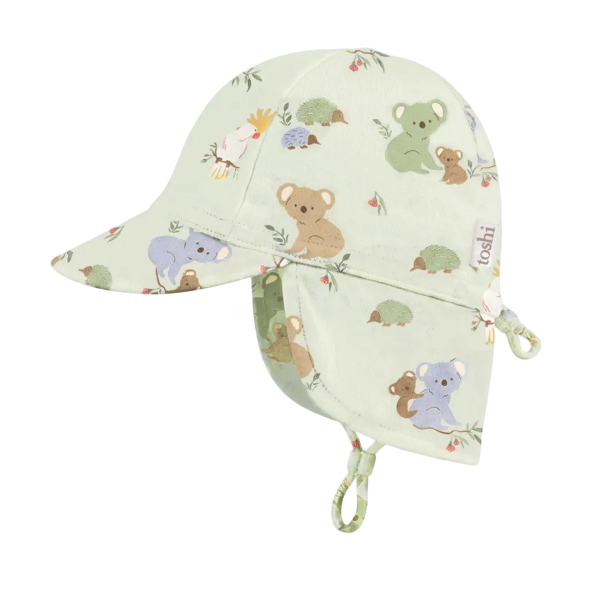 A light sage green baby sun hat with an all-over koala print, featuring a wide brim, neck flap, and chin strap, shown on a light gray background.
