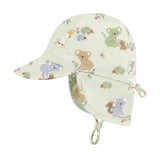 A light sage green baby sun hat with an all-over koala print, featuring a wide brim, neck flap, and chin strap, shown on a light gray background.