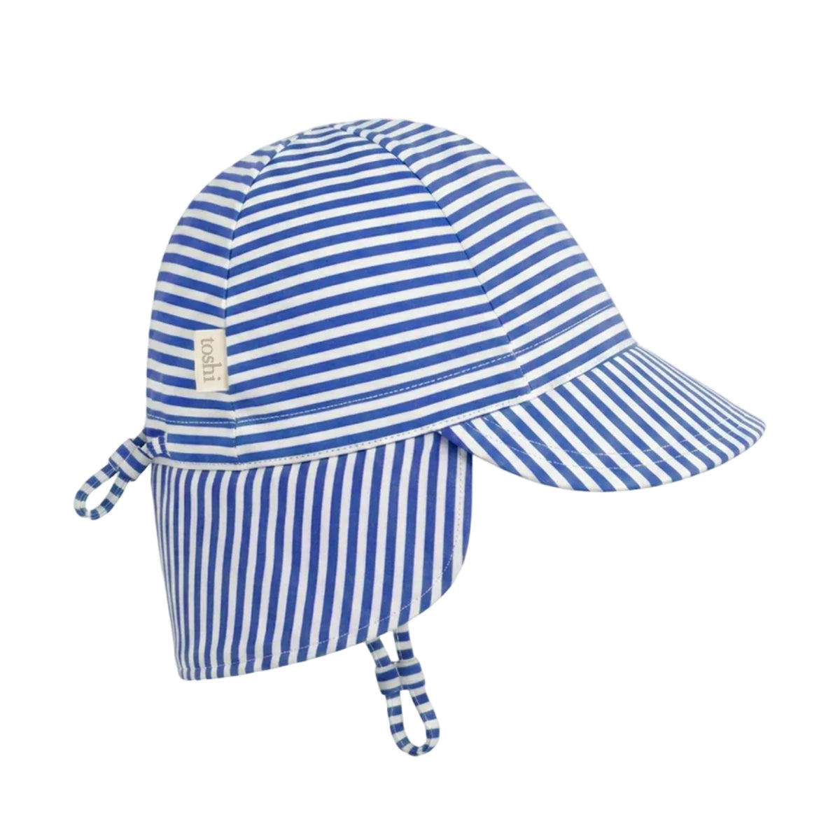 A blue and white striped sun hat with a chin strap, photographed on a clean white background.