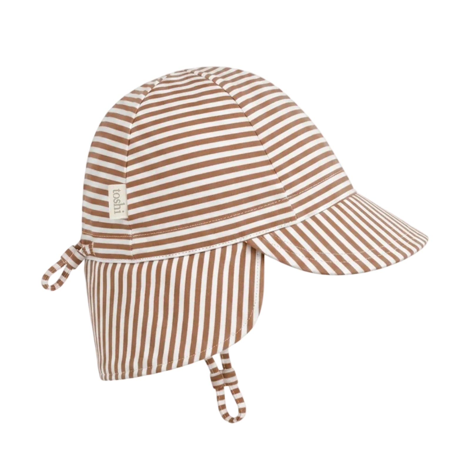 A striped sun flap baby hat with a wide brim and chin straps, featuring alternating brown and off-white vertical stripes, shown against a plain white background.