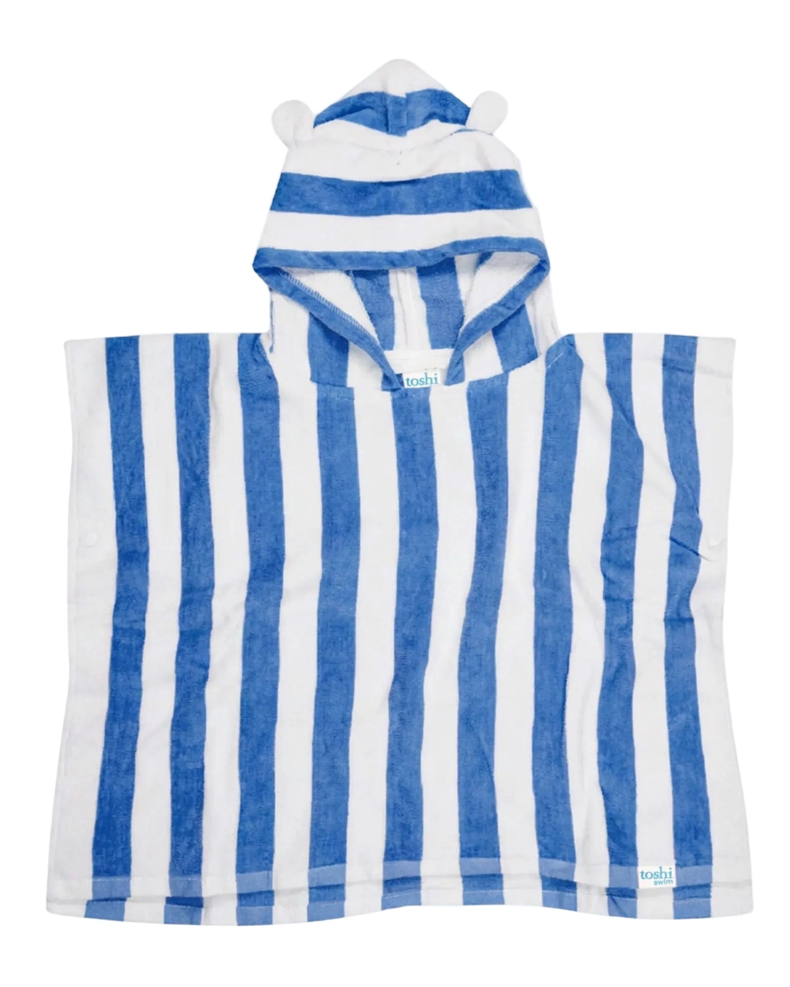 A blue and white vertically striped hooded towel with bear ears on the hood, shown flat against a light gray background.