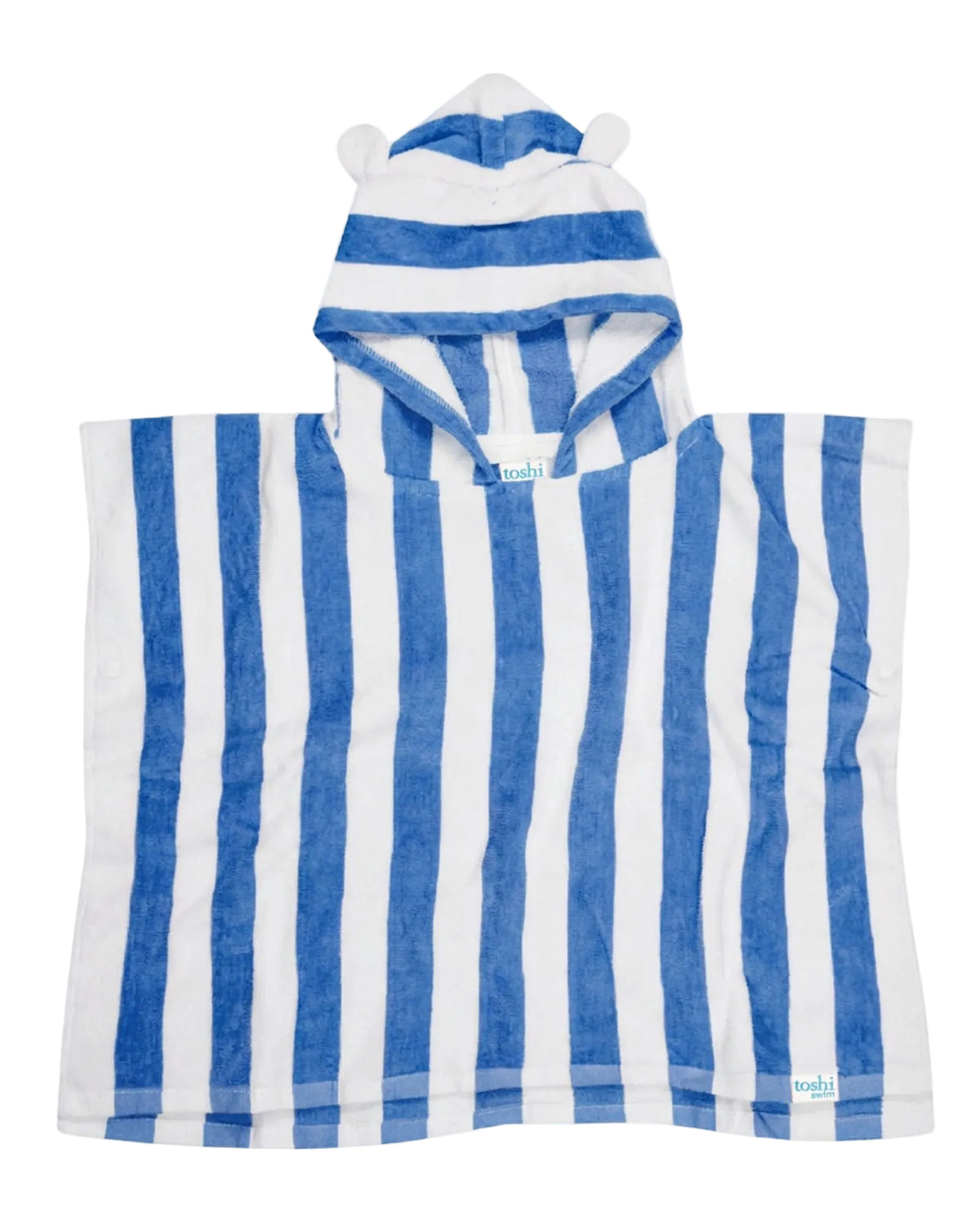 A blue and white vertically striped hooded towel with bear ears on the hood, shown flat against a light gray background.