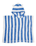 A blue and white vertically striped hooded towel with bear ears on the hood, shown flat against a light gray background.