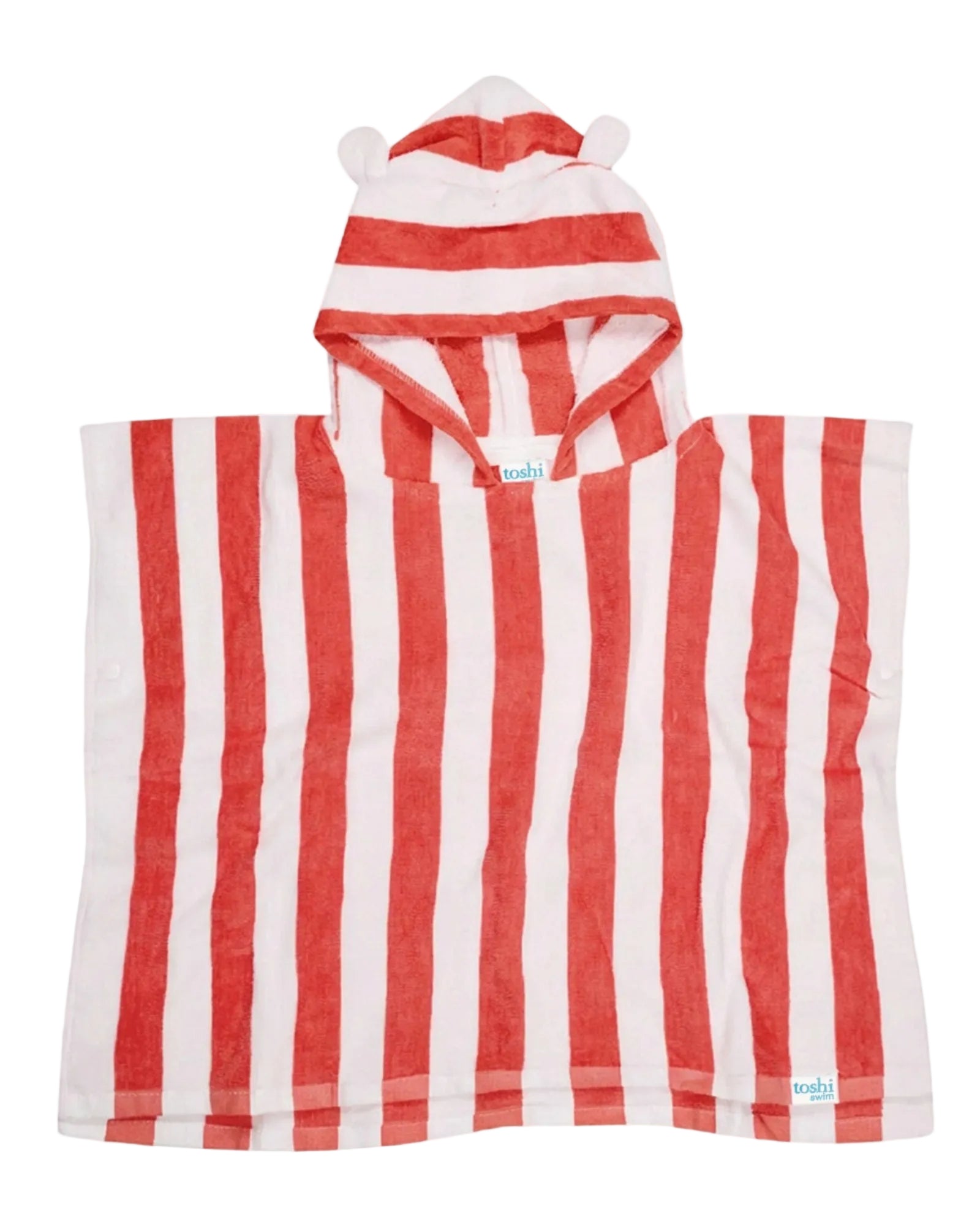A red and white vertically striped hooded towel with bear ears on the hood, laid flat against a light gray background.