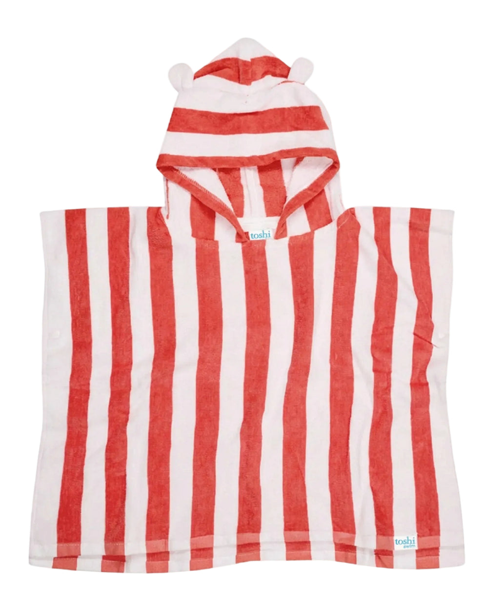 A red and white vertically striped hooded towel with bear ears on the hood, laid flat against a light gray background.
