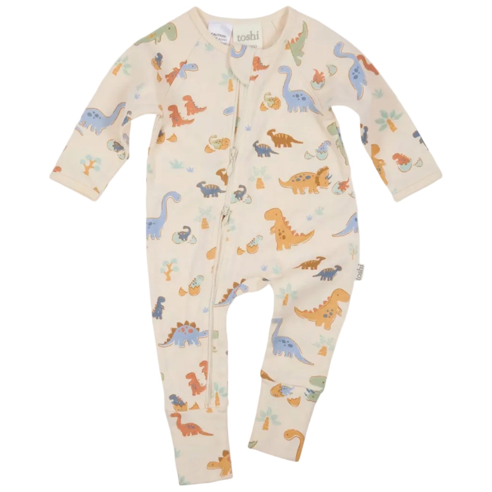 Baby onesie with dinosaur pattern on a white background