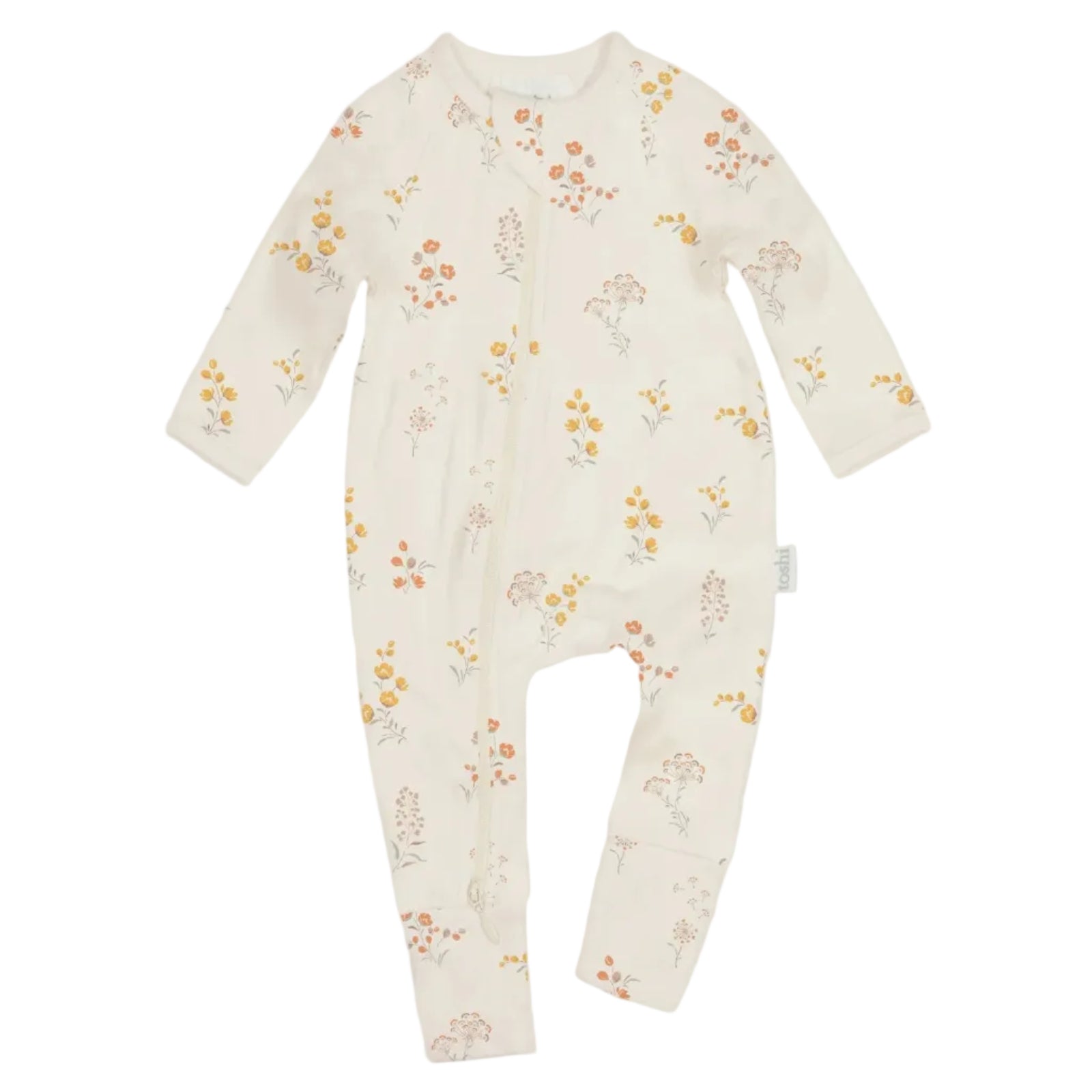 Baby onesie with floral pattern on a light gray background