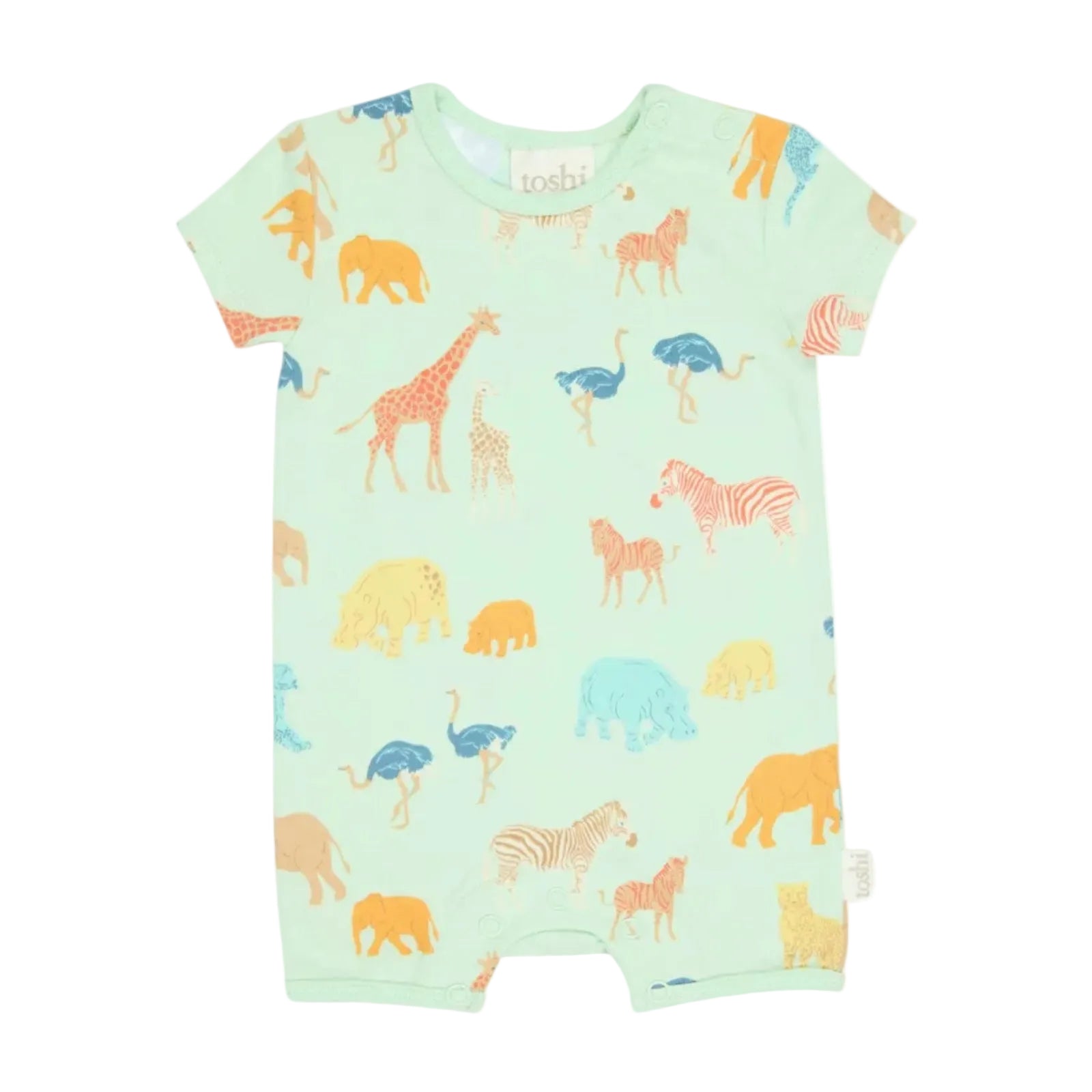 A baby short-sleeve romper in mint green with an all-over safari animal print, including giraffes, zebras, ostriches, and elephants in various colors, shown flat against a light gray background.