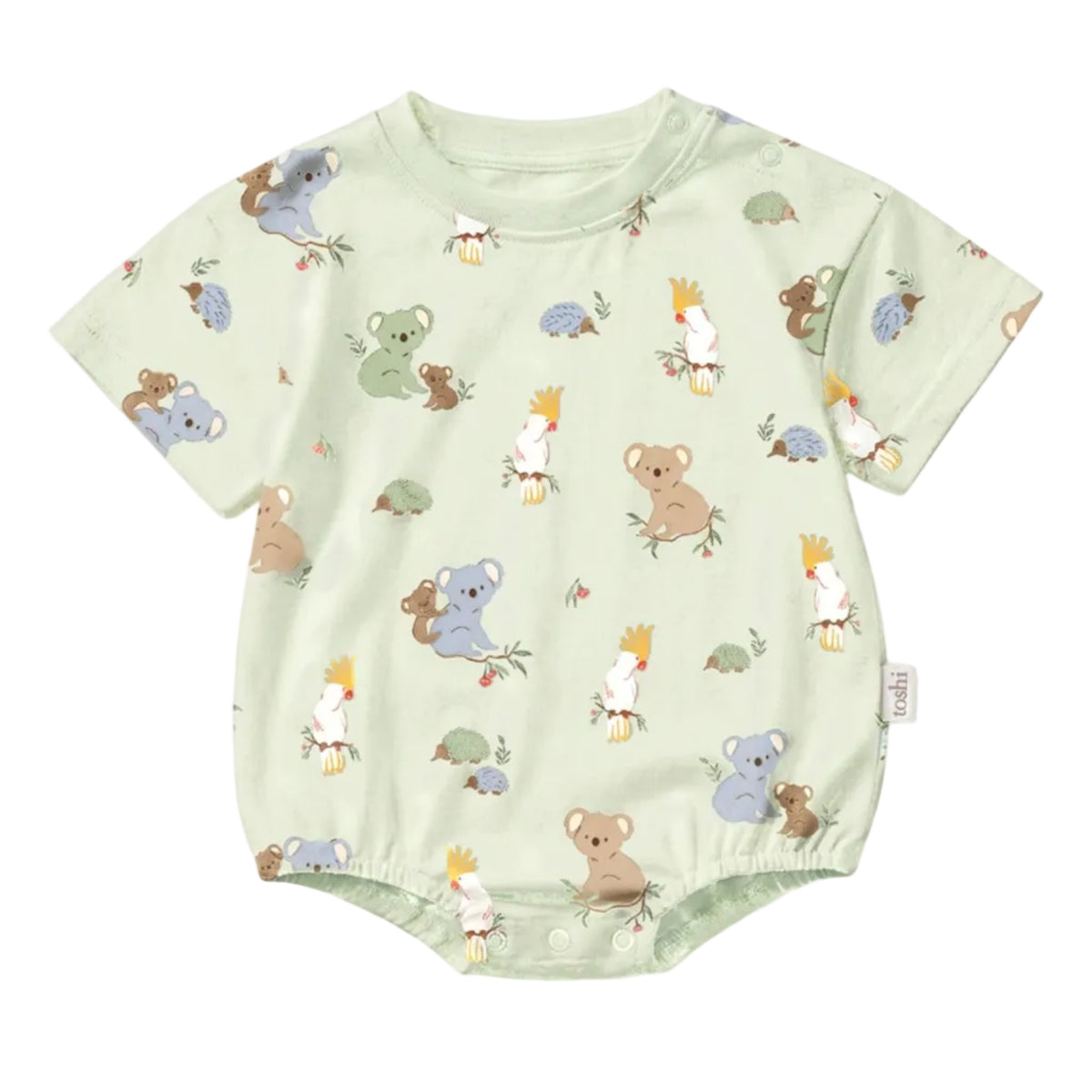 A baby short-sleeve bodysuit in pale sage green with an all-over cartoon animal print, including koalas, kangaroos, and a cockatoo, shown on a white background.