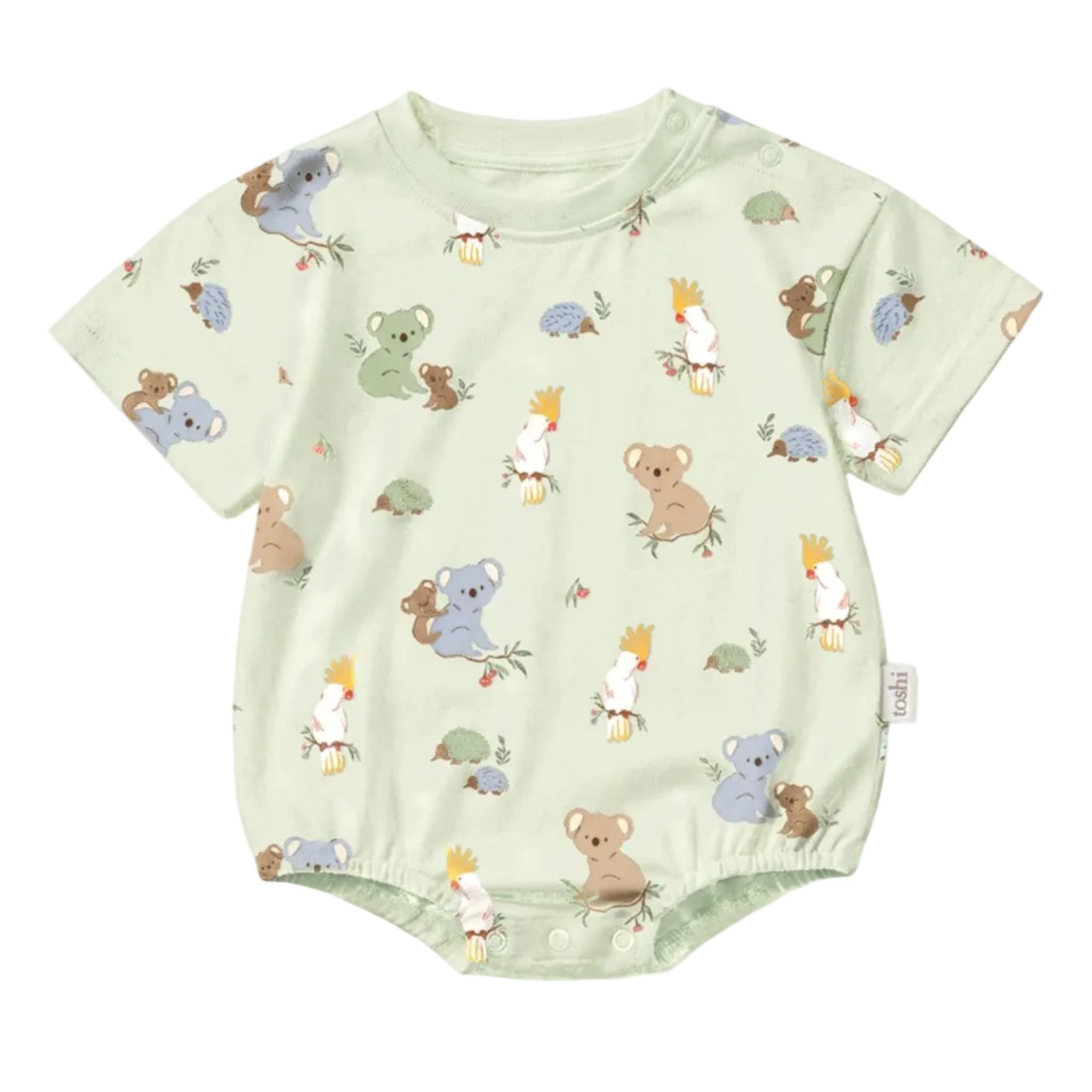 A baby short-sleeve bodysuit in pale sage green with an all-over cartoon animal print, including koalas, kangaroos, and a cockatoo, shown on a white background.
