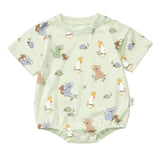 A baby short-sleeve bodysuit in pale sage green with an all-over cartoon animal print, including koalas, kangaroos, and a cockatoo, shown on a white background.