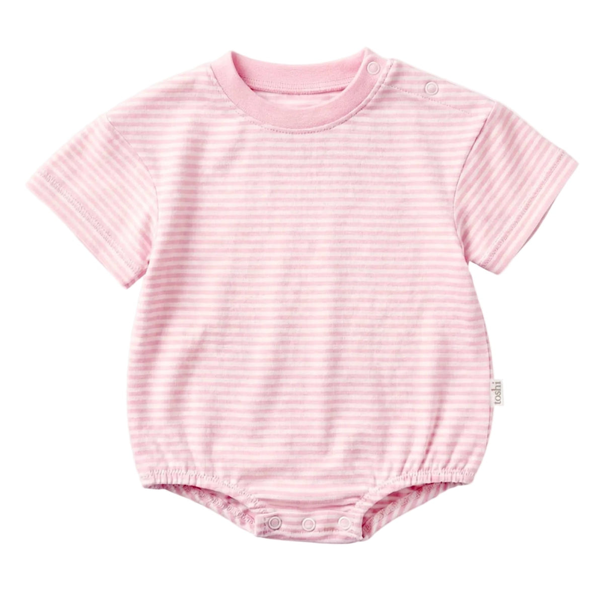 A baby short-sleeve bodysuit in light pink and white horizontal stripes, featuring a crew neck and snap closures at the shoulder and crotch, shown on a light gray background.