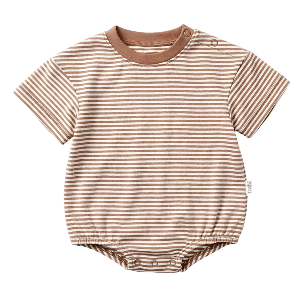A baby short-sleeve bodysuit with thin horizontal brown and beige stripes, featuring a solid brown crew neck and snap closures at the crotch.