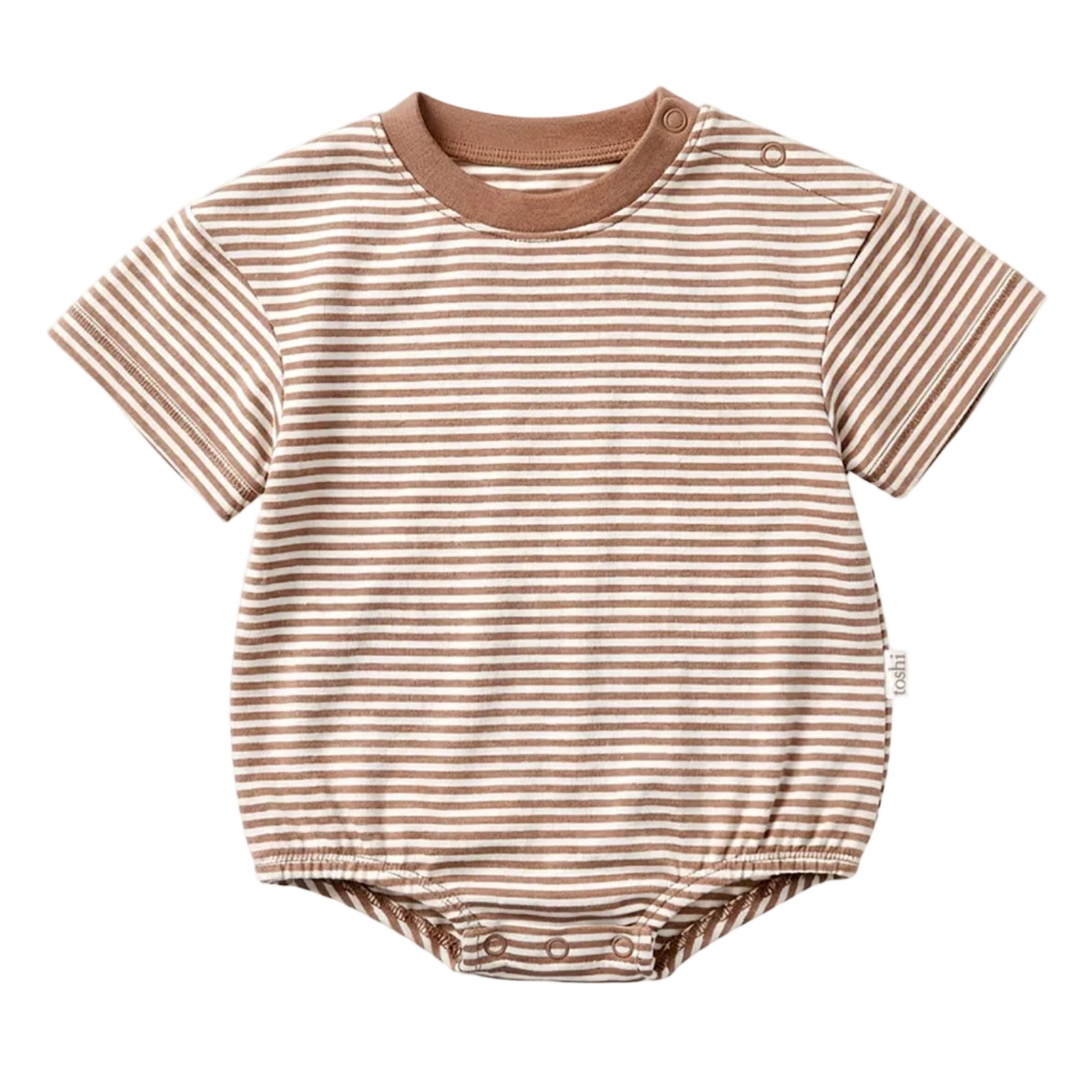 A baby short-sleeve bodysuit with thin horizontal brown and beige stripes, featuring a solid brown crew neck and snap closures at the crotch.