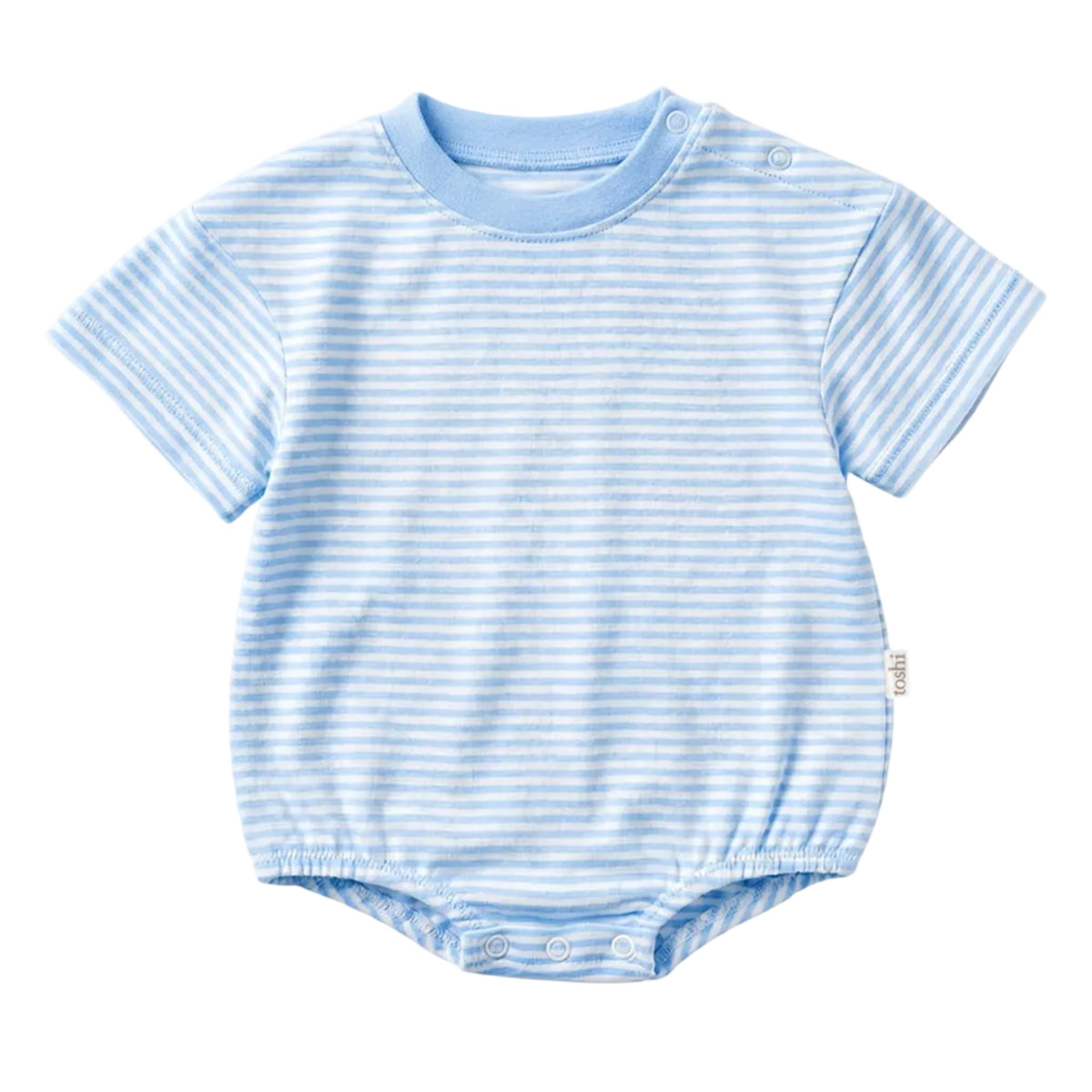 A baby short-sleeve bodysuit with light blue and white horizontal stripes, featuring a crew neck and snap closures at the crotch and shoulders, shown on a light gray background.