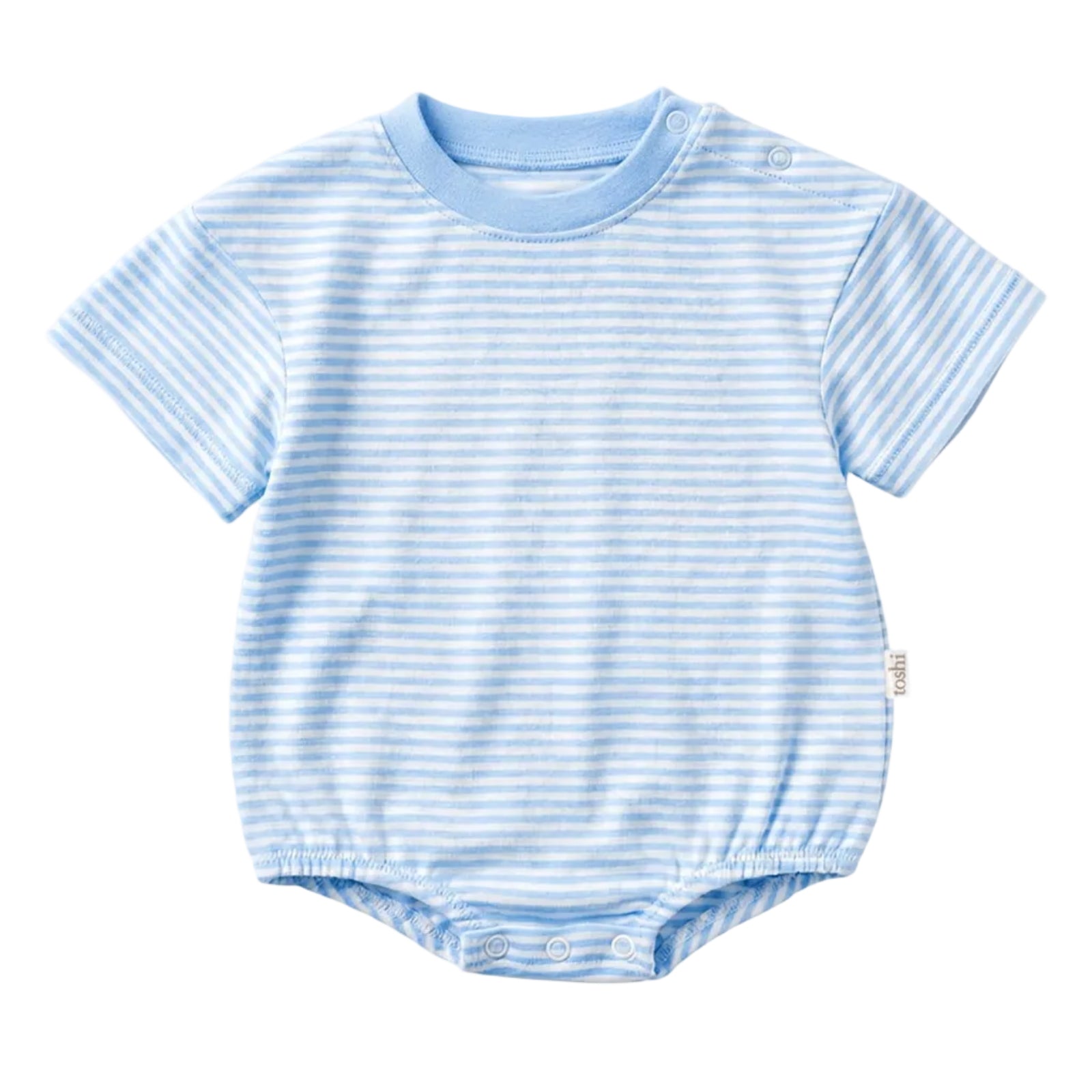 A baby short-sleeve bodysuit with light blue and white horizontal stripes, featuring a crew neck and snap closures at the crotch and shoulders, shown on a light gray background.