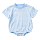 A baby short-sleeve bodysuit with light blue and white horizontal stripes, featuring a crew neck and snap closures at the crotch and shoulders, shown on a light gray background.