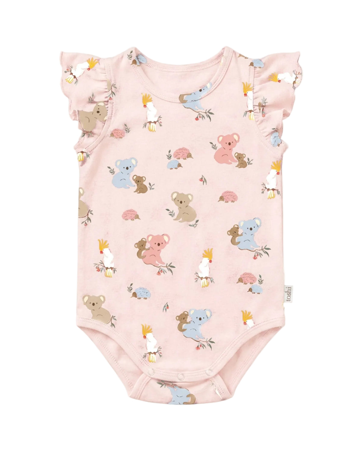 A light pink baby bodysuit with a playful koala and bird pattern, featuring ruffled cap sleeves and a small side tag, shown against a light gray background.