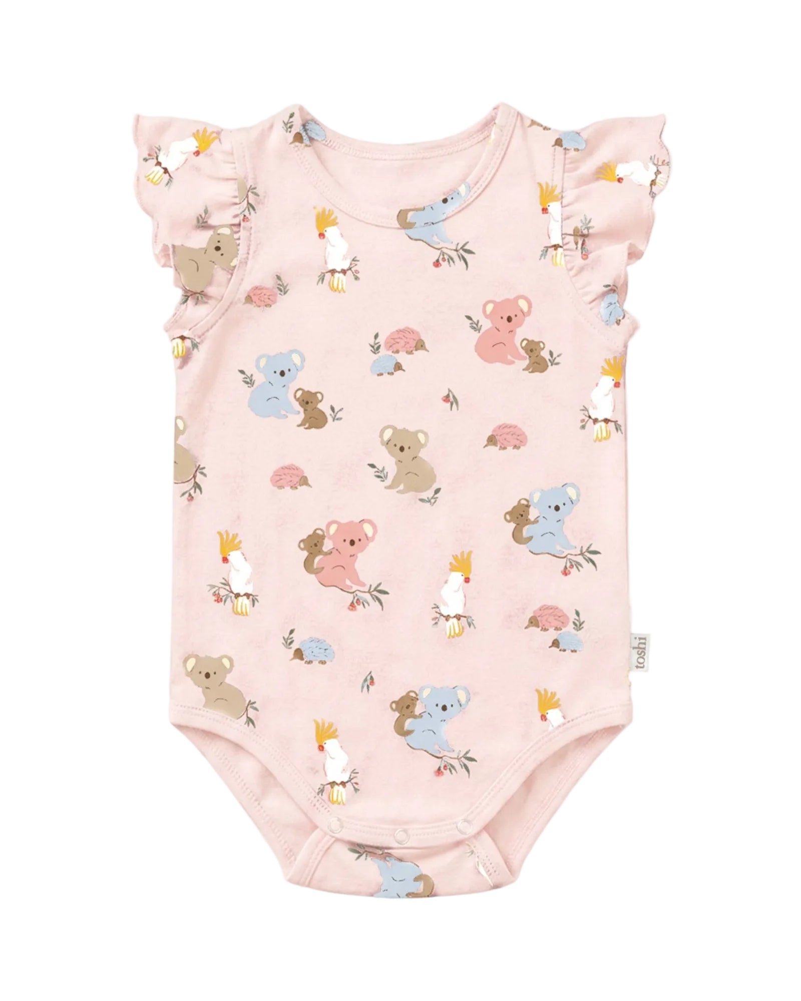A light pink baby bodysuit with a playful koala and bird pattern, featuring ruffled cap sleeves and a small side tag, shown against a light gray background.