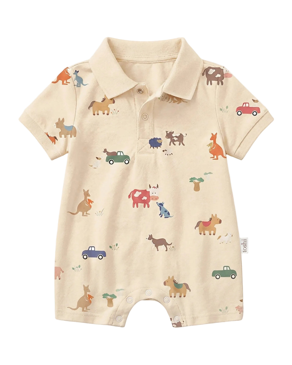 A baby short-sleeve romper in cream with a colorful animal and vehicle print, featuring a polo collar and snap closures.