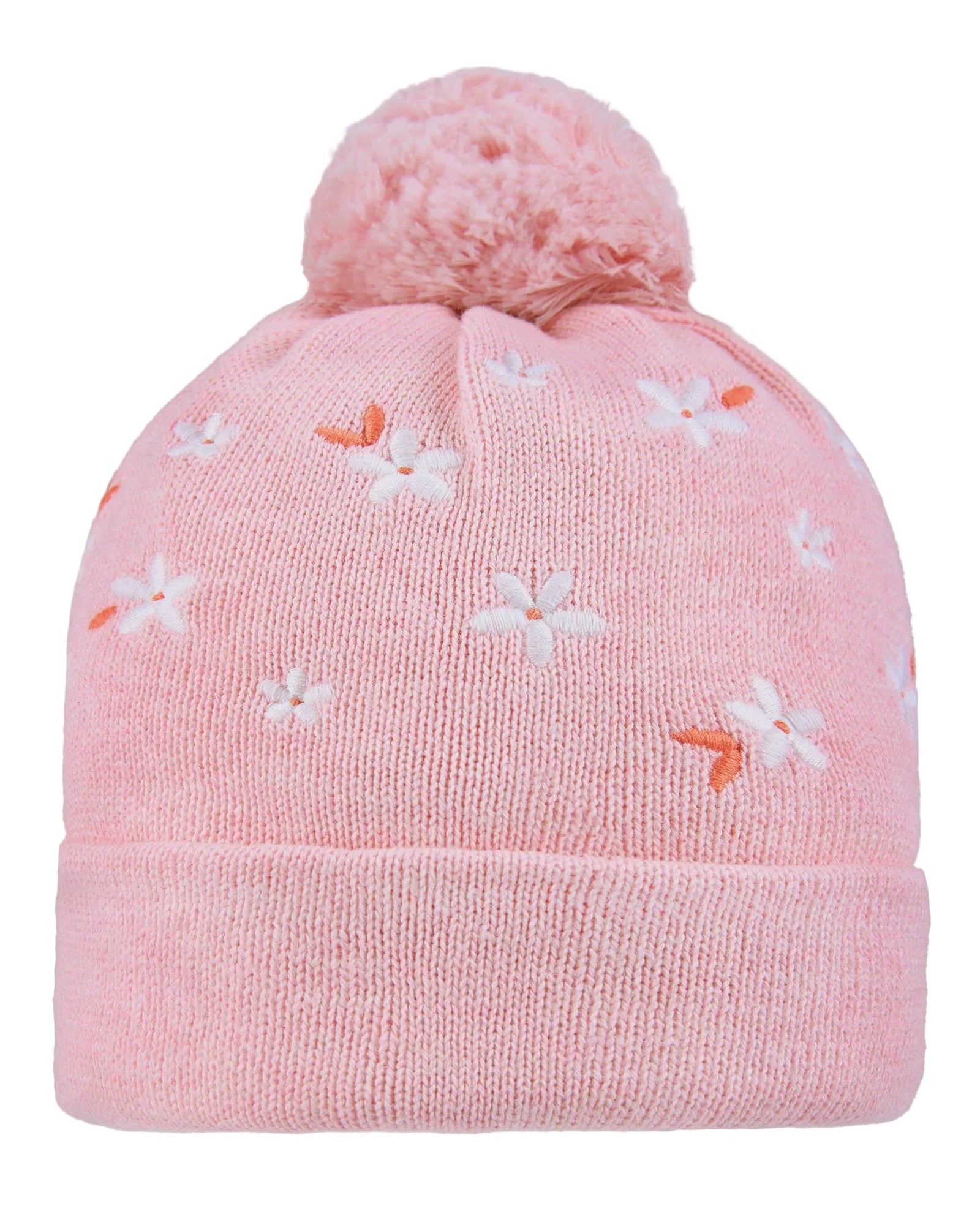 Pink knit beanie with floral patterns and a pom-pom on a light gray background