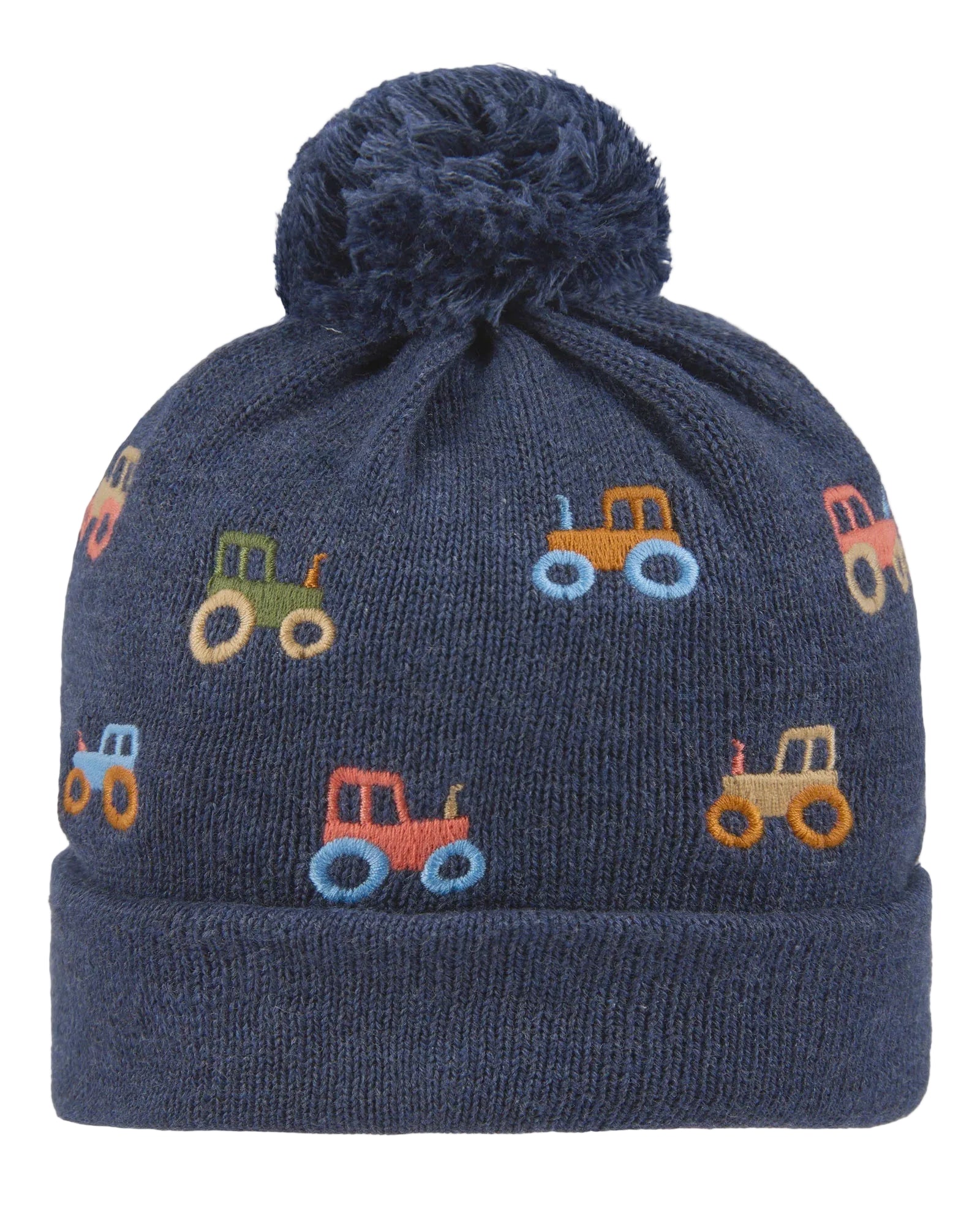 Navy blue knit hat with embroidered tractors on a light gray background