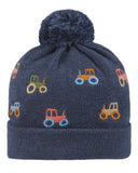 Navy blue knit hat with embroidered tractors on a light gray background
