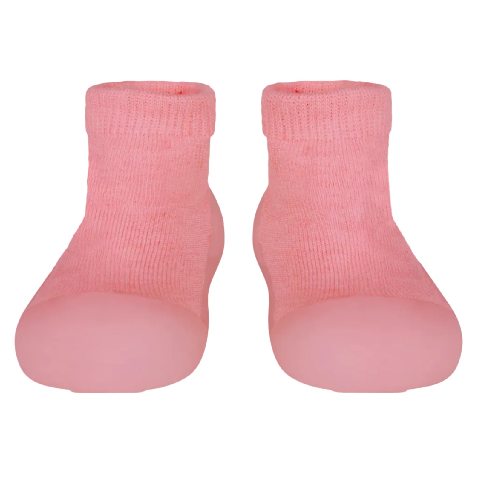 Pair of pink baby socks on a light gray background