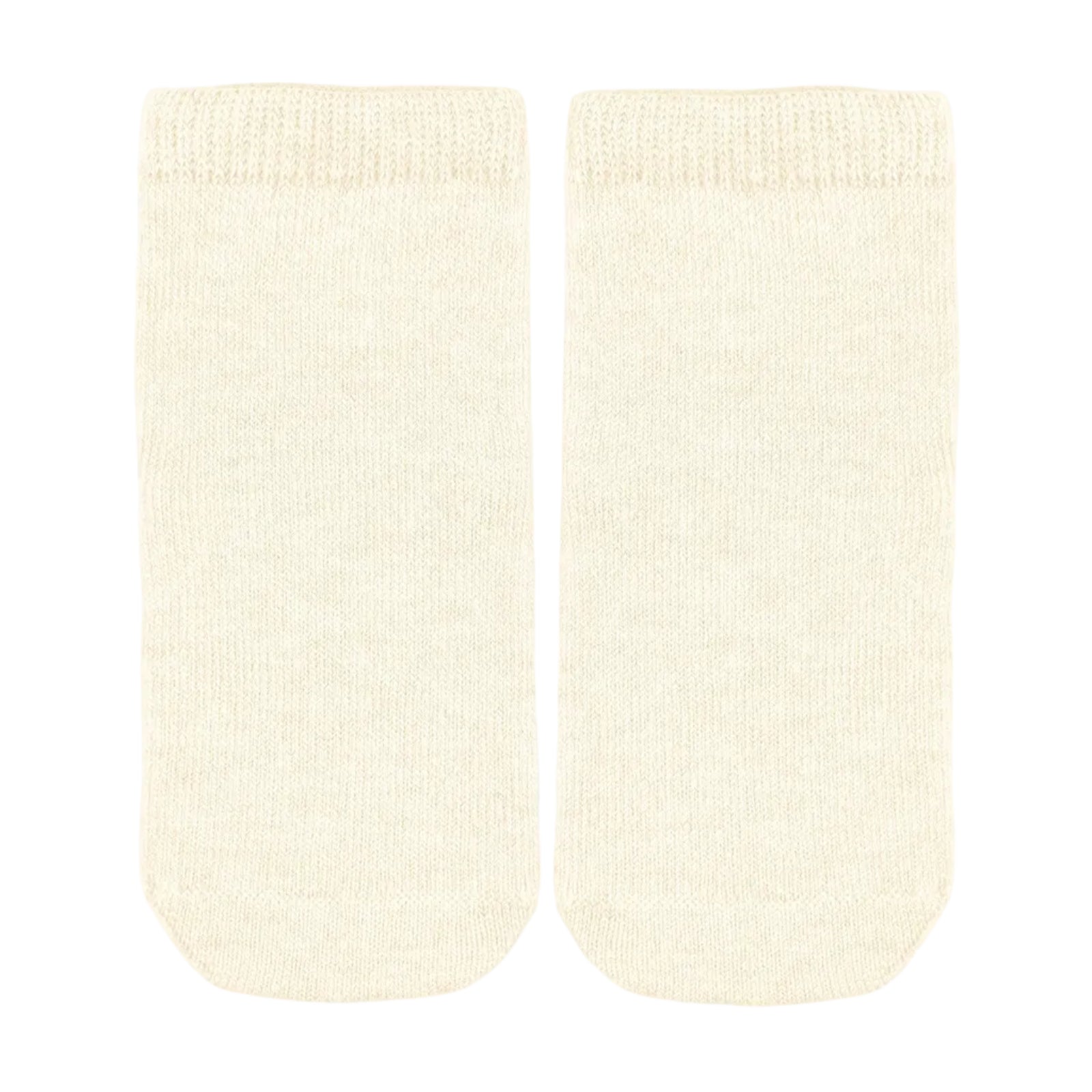 A pair of cream-colored ankle  baby socks with a ribbed knit cuff and toe, displayed flat against a light gray background.