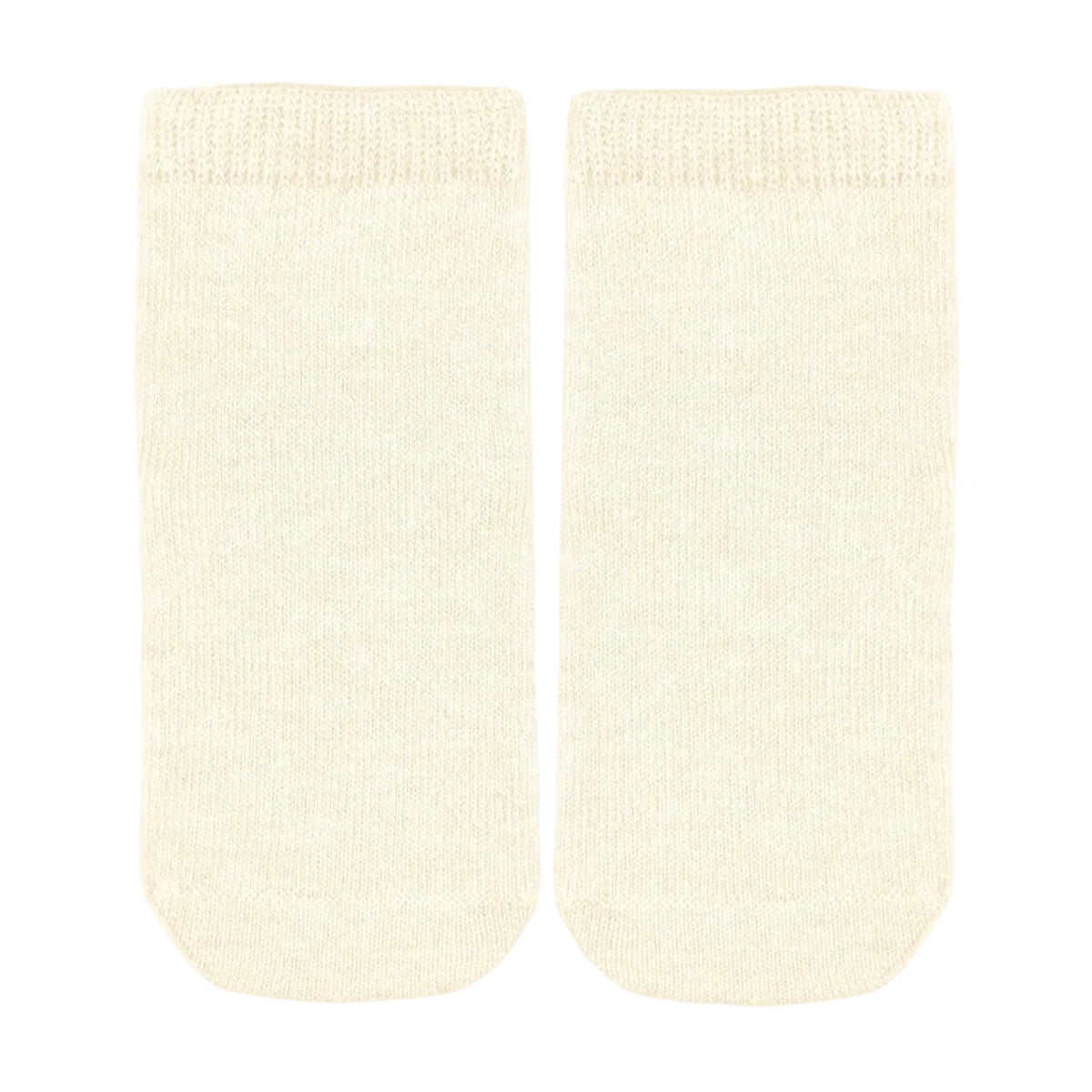 A pair of cream-colored ankle  baby socks with a ribbed knit cuff and toe, displayed flat against a light gray background.